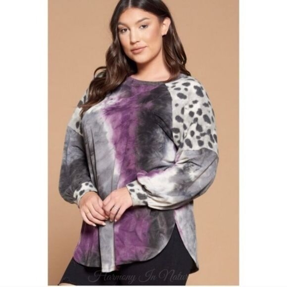 Womens Plus Size Top Purple Tie-Dye Leopard Print Long Sleeve by Emerald - Picture 12 of 12